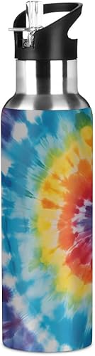 Botella de agua de acero inoxidable con aislamiento al vacío, diseño de remolino, diseño de espiral, diseño abstracto retro, con popote y asa para