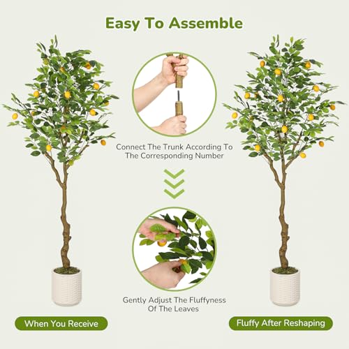 GarveeHome 6FT Artificial Lemon Tree Indoor, Pre Potted Faux Lemon Tree with Realistic Fruit and Lifelike Leaves, Fake Lemom Plant with 100 Lights for Indoor Home Decor Office Living Room
