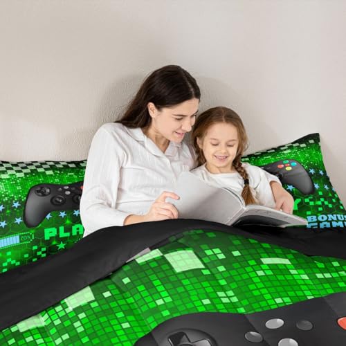 Image of Feelyou Gaming Comforter Set Toddler Size Teens Gamer Bedding Set for Kids Boys Game Controller Reversible Comforter Gamepad Quilt Fluorescent Green 1 Comforter Set Toddler Size with 1 Pillowcase