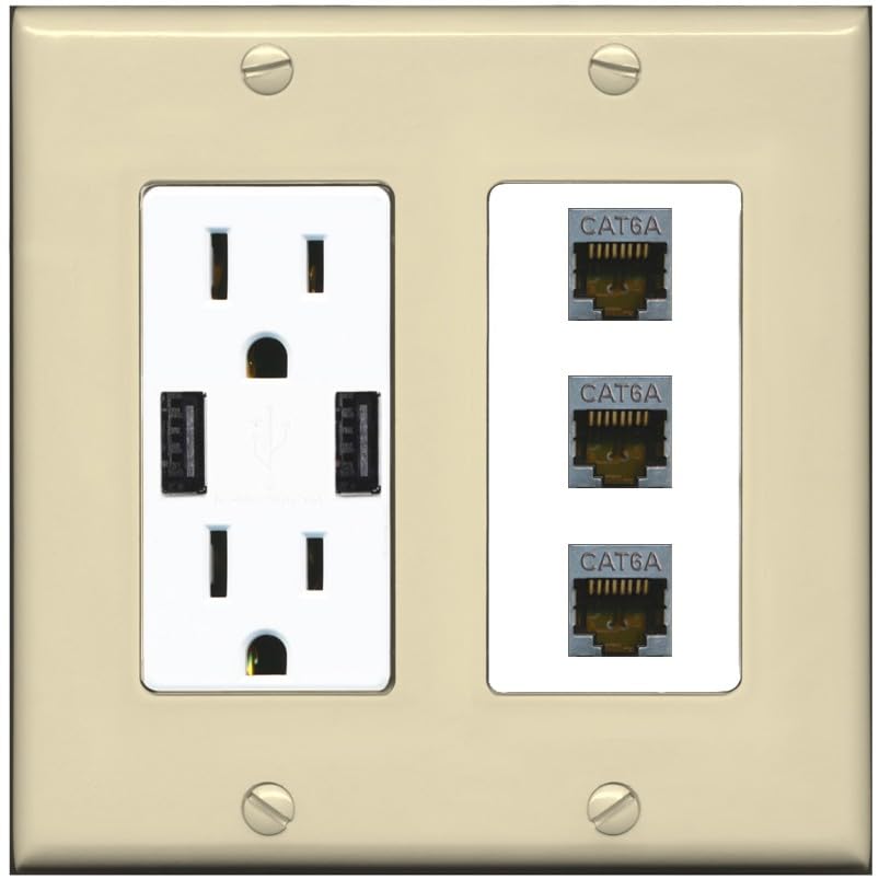 RiteAV 3 Port Cat6A Ethernet Wall Plate - USB Outlet [Ivory/White]