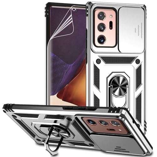 for Samsung Galaxy Note 20 Ultra Case with Camera Lens Cover HD Screen Protector, Military-Grade Drop Tested Magnetic Ring Holder Kickstand Protective Phone Case for Galaxy Note 20 Ultra 5G (Silver)