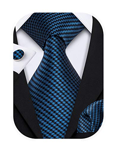 Image of Barry.Wang Plaid Ties for Men Silk Necktie Handkerchief Cuff Links Set