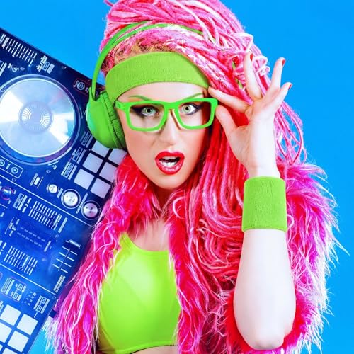 Image of Bememo 6 Pcs Neon Sports Sweatbands Set Sports Competitions Sweatbands 2 Headband 4 Wristbands Breathable Terry Cloth Athletic Bands for Team Soccer Spirit 80s Costumes Cosplay