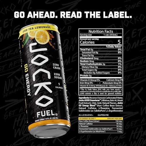 Image of Jocko Fuel GO Energy Drinks, Iced Tea - Lemonade - 95mg Caffeine with Added Adaptogens, Vitamin B12 & B6, & L Theanine for Mood & Focus Support, No Sugar, 12 Pack - Packaging May Vary