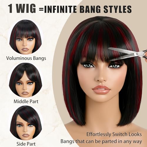 Image of Farblick Burgundy Bob Wig Human Hair With Bangs Wear and Go Glueless Wig Human Hair 12inch Straight Wig 180% Density Black with Red Wig With Bangs for Women