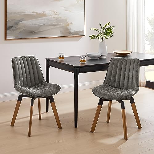 Art Leon Swivel Dining Chairs - Mid Century Modern Kitchen Dining Room Chairs, Upholstered Faux Leather Armless Side Chairs with Wood Legs - Thumbnail 7