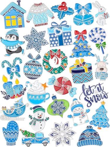 Image of JUNEBRUSHS 28PCS Winter Enamel Pins, Cute Blue Snowflake Snowman Brooch Pins for Winter Holiday Theme Christmas Party Classroom Favor Supplies Exchange Gift Clothes Hat Accessories