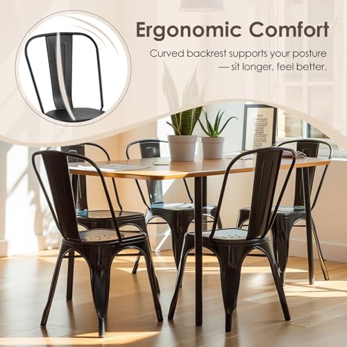 Image of Metal Dining Chairs with Back, Stackable, Midnight Black, 6 Pack | Easy Assembly, Non-Slip Feet, 330 lb Capacity, Kitchen, Restaurant, Cafe, Pub, Covered Patio