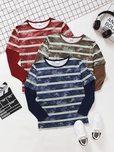 PureChapter 3 Pack Boys’ Fashion Layered Striped Tshirt Crew Neck Long Sleeve Casual Boys Clothes Perfect for Fall & Winter4