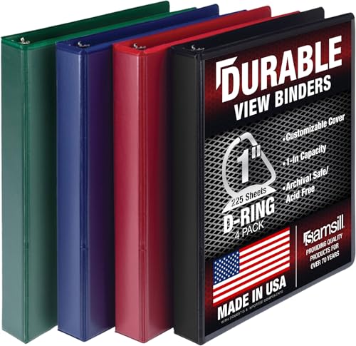 Image of Samsill Durable 1 inch 3 Ring Binder, D Ring Binder, Customizable Clear View Cover, Basic Assortment, 4 Pack
