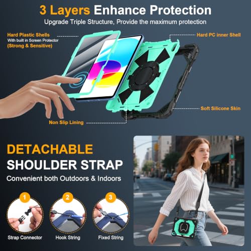 Image of Case for iPad (A16) 11th Generation 11 Inch 2025, Ubearkk for iPad 10th Generation 10.9 inch 2022 case with Screen Protector 360 Degree Rotating Stand Shoulder Strap Pencil Holder, Black Mint