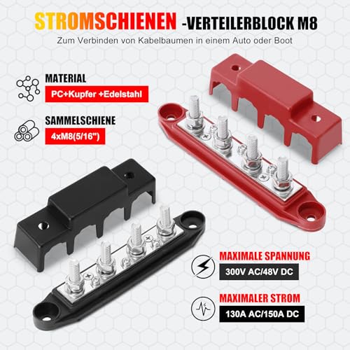 BOSYTRO 2 Stück 12V-48V DC Sammelschienen Verteilerblock 250A BusBar Box mit 5/16 (M8) 4-Posts Klemmenblock mit Abdeckung, Sammelschiene 12V mit 2x Anschlussbolzen M8 für Auto RV Boat (Rot Schwarz)