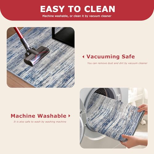 KOZYFLY Round Area Rugs 6Ft Modern Abstract Ombre Circle Rug for Bedroom, Washable Rug Non-Slip Soft Striped Living Room Area Rug, Print Distressed Grey-Blue Carpet for Laundry Nursery