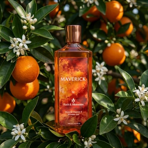 Image of Bath & Blossoms Maverick Shower Gel | Warm Citrus & Spice Fragrance | Rich Foaming Lather | Aloe Vera & Vitamin E | Gentle Moisturising formula suitable for all skin types | Vegan & 100% Paraben Free | Premium Body Care