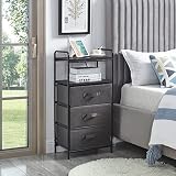 OLD CAPTAIN 3 Drawer Fabric Dresser with Charging Socket Tall Nightstand for Bedroom,Black+Dark Grey