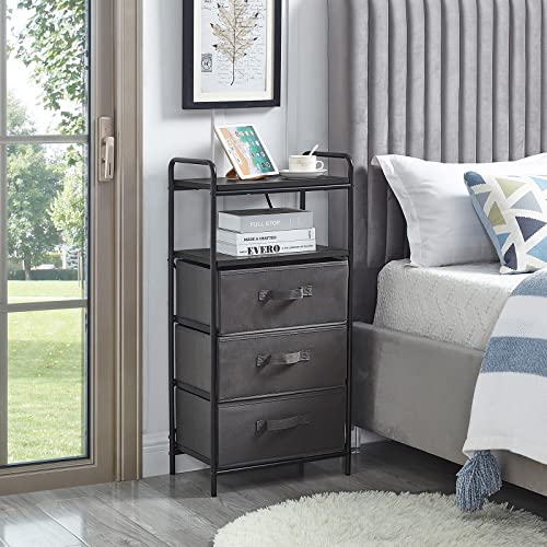 Old Captain 3 Drawer Fabric Dresser With Charging Socket Tall Nightstand For Bedroom,Black+Dark Grey #TOP5
