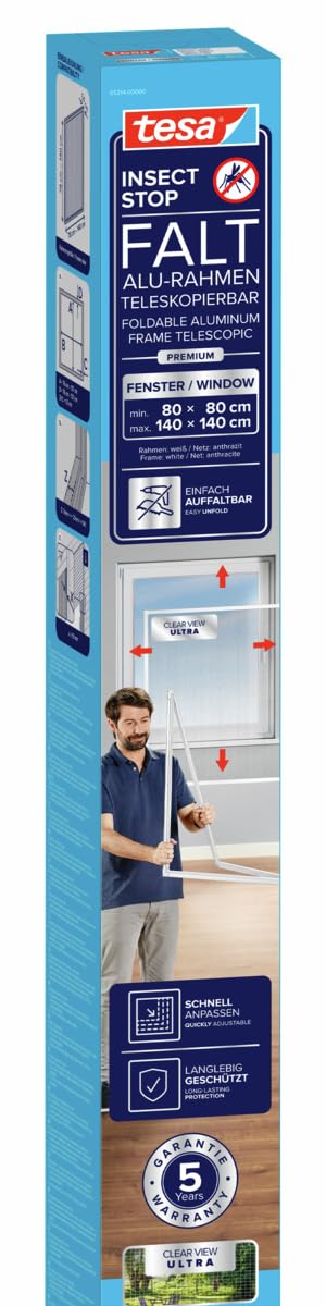 tesa 55214 Insect Stop Plegable de Aluminio,Mosquitera con Marco Telescópico Ajustable,Blanco,80 cm x 80 cm, Blanco, 81 cm x 80 cm a 140 cm x 140 cm
