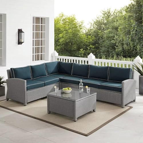 Image of OUTLIVING Outdoor Sofa Set || Patio Furniture Sets || Balcony Sofa || Indoor Sofa || Wicker Rattan Garden Sofa Set with Cushion and Center Table (6 Seater Grey with Navy Blue Cushions)