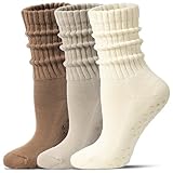 Toetally Pilates Socks for Women Mid Calf Slouch Yoga Socks with Non Slip Grippers for Barre Boot Sock 3 Pairs Morandi S