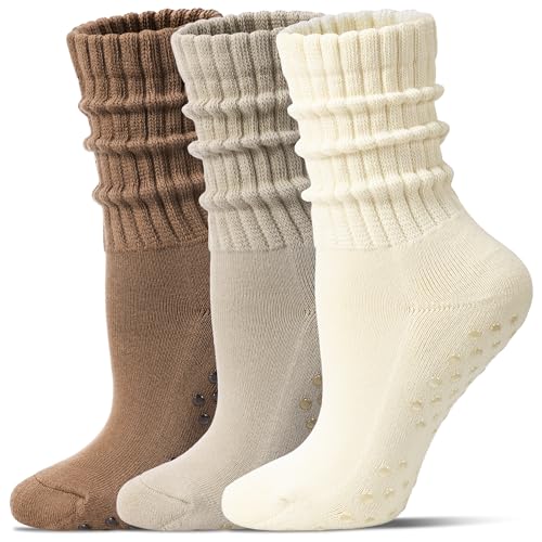 Image of Toetally Pilates Socks for Women Mid Calf Slouch Yoga Socks with Non Slip Grippers for Barre Boot Sock 3 Pairs
