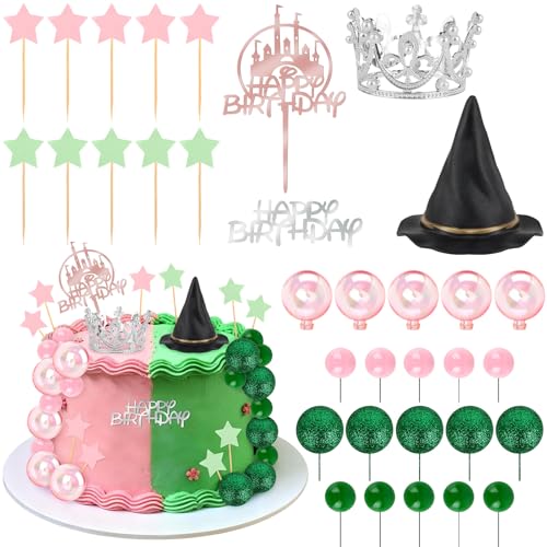 33 Pack Pink and Green Cake Decorations Set with Silver Crown Black Women Witch Hat Pink Green Mini Balloons Birthday Cake Toppers for Girls Women Princess Witch Birthday Party Decoration Supplies