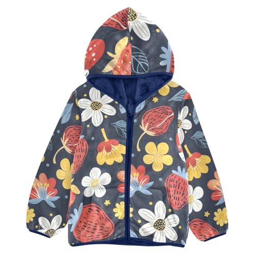 Boys Girls Fleece Jacket Hand Drawn Strawberry and White Yellow Flowes Kids Warm Hooded Outwear Coat