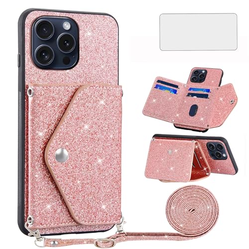 Étui paillettes iPhone 15 Pro anti-rayures : coque intégrale rose avec vitre en verre trempé