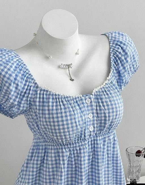 Image of Women Cotton Gingham Checked Peplum Top Square Neck Puff Sleeve Stylish Casual Blouse