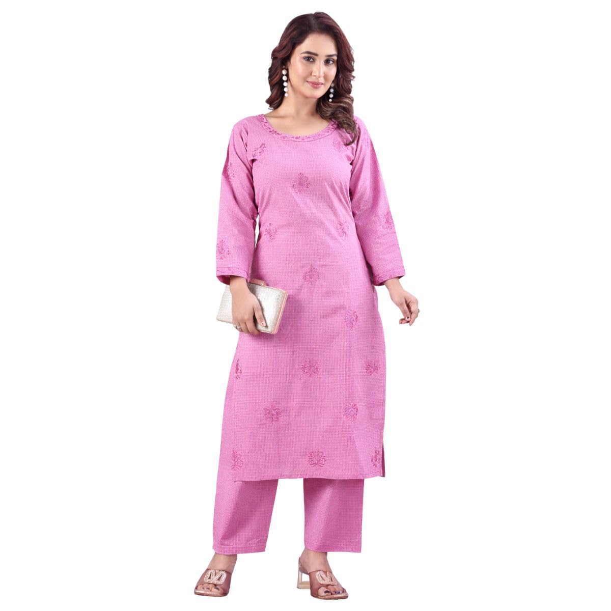 Soft Cotton Kurti Pant Set Embroidery Work Motif Print Straight Type Traditional Kurta Set Comfortable Fabric Kurti Pant Set Daily Use Ethnic Design Straight Fit-image-46