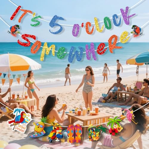 Image of It's 5 O' Clock Somewhere Summer Banner, Beach Hawaii Decoration, Tropical Parrot Banner, Nautical Cocktails Drinks Bar Party Supplies