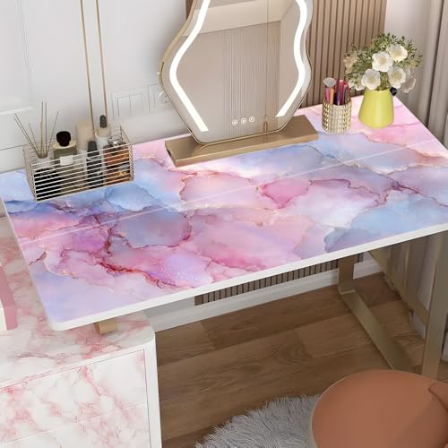 Image of Desk Sticker 39.37 x 23.62 Inch Pastel Ink Marble Texture with Gold Veins Watercolor Cloud Blush Blue Pink Decorative Desktop Cover for Home Office Study Table Art Craft Workspace