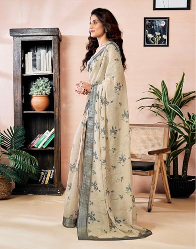 Image of SIRIL Women's Printed Cotton Linen One Minute Ready to Wear Saree With Unstitched Blouse Piece