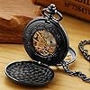 Tiong Black Rudder Pattern Double Opening Case Men's Mechanical Pocket Watch, Skeleton Unique Mechanical Roman Numeral Pocket Watches for Men #4