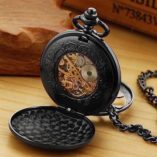 Image of Men's Mechanical Pocket Watch Black Rudder Pattern Double Open Hollow Roman Numerals Pocket Watch