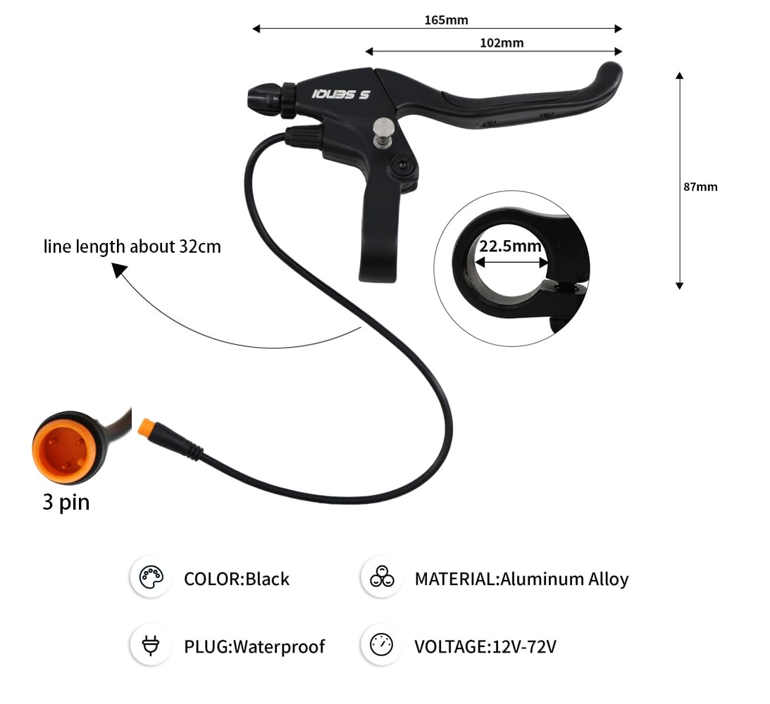 Levier de frein avec bouton de verrouillage pour vélo électrique, scooter électrique, tricycle, contrôle de sécurité avec design ergonomique, fil étanche à 3 broches (1 paire)