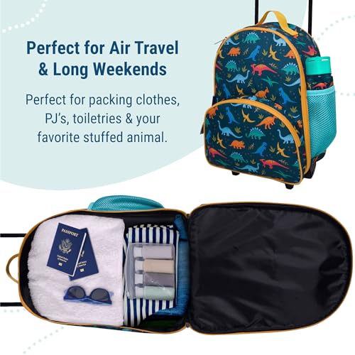 Image of Wildkin Kids 16 Inch Rolling Luggage for Boys & Girls - Lightweight Carry-On Suitcase with Telescoping Handle & Rolling Wheels for School, Travel & Overnight Trips (Jurassic Dinosaurs)