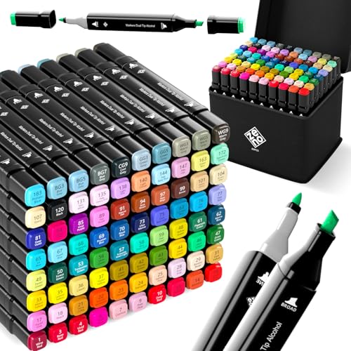 ZENO 80 Feutres à Alcool Double Pointe – Feutre à Alcool Brush & Fin pour Coloriage Adulte, Dessin, Crayon Feutre Pro, Kit Coloriage avec Pochette, Marqueurs à Dessin