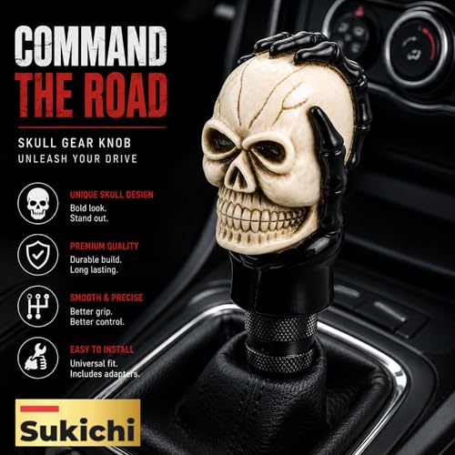 Image of SUKICHI Skull Design Car Gear Knob | Universal Manual Gear Shift Knob for Cars | Skull Shifter Stick | Premium Interior Styling Accessory | Includes Adapters (Skull, Black & Ivory)