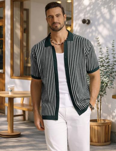Image of COOFANDY Mens Knit Button Down Shirts Short Sleeve Polo Shirt Vintage Striped Casual Shirts