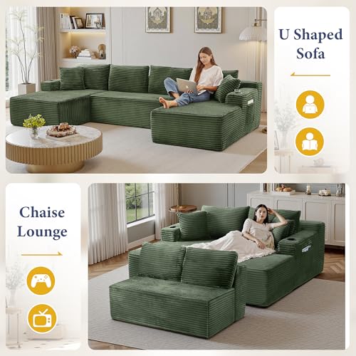 Image of 96 inch Sectional Couches for Living Room Cloud Couch Sofa with L-Shape Upholstered Boneless Couchs Modern Modular Sectional Couch with Chaise (Green, 133 inch W+U Facing Chaise)