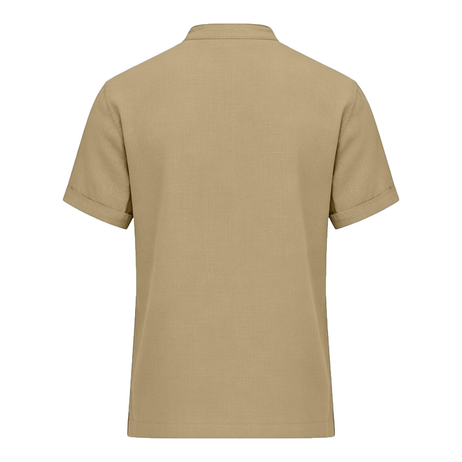 Chemise Homme en Lin Été Chemises à Manches Courtes Leger Respirant Décontractées Chemisier Coton Lin Col en V Couleur Unie Bouton T-Shirts de Plage Grande Taille Tops LâChe pour Casual Quotidien