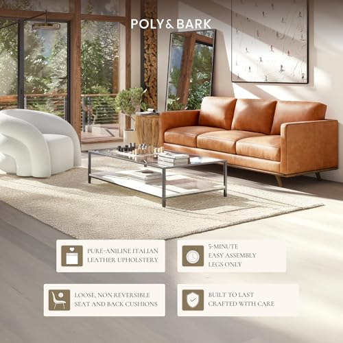 Image of POLY & BARK Nolita 85 inch Leather Sofa - Full-Grain Italian Aniline Leather, Feather-Down Comfort, Solid Wood Base - Cognac Tan