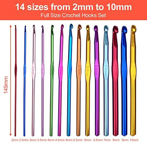 Gvolatee Zestaw 14 szydełek szydełkowych szydełek szydełkowych z kolorowego aluminium, 14 rozmiarów, 2 mm - 10 mm, akcesoria do robienia na drutach