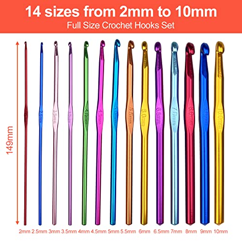 Gvolatee 14 stück Häkelnadel Set, Crochet Hooks Stricknadeln aus bunt Aluminium 14 Größen 2mm-10mm Stricken Werkzeuge Zubehör zum Garnstricken, Häkelnadeln Ergonomisch für Stricken Handwerk