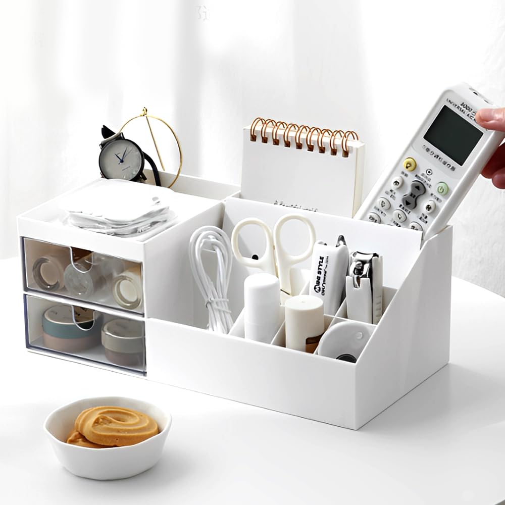 SLTAXAR Organizador de escritorio, organizador de escritorio, organizador de oficina, caja de almacenamiento de escritorio, soporte para bolígrafo, caja con cajón de plásticocolor blanco