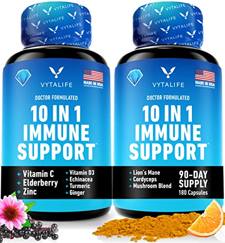 Immune Support Supplement with Immunity Vitamins - Elderberry with Zinc and Vitamin C for Adults + More - 10 in 1 Immune Defense, Immune Booster and Immunity Booster - 2 Bottles, 90 Days Supply