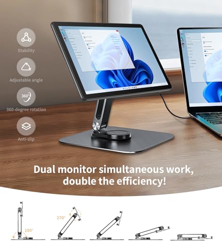 Image of 13-17.3 inch Monitor Stand with 360 Swivel Base, 75mm VESA Single-Arm Mount w / M4 Screws for Portable Monitor, Adjustable Angle & Tilt & Rotation - Touchscreen Desktop Display Stand (Black)