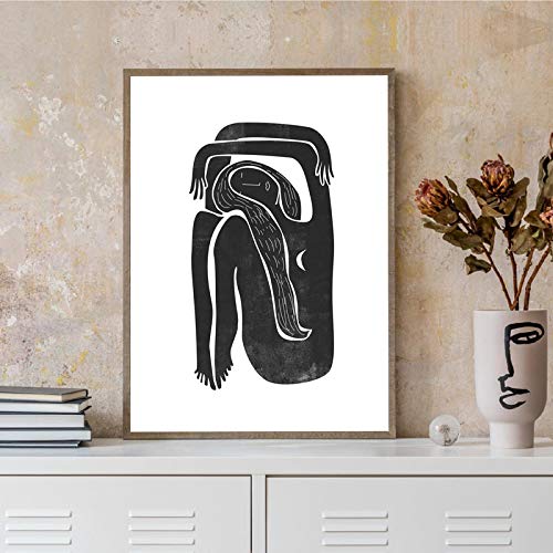 Retrato femenino minimalista en blanco y negro Carteles de mediados de siglo Boho Art Print Canvas Painting Picture Home Wall Art Decor 80x120cm sin marco Cover