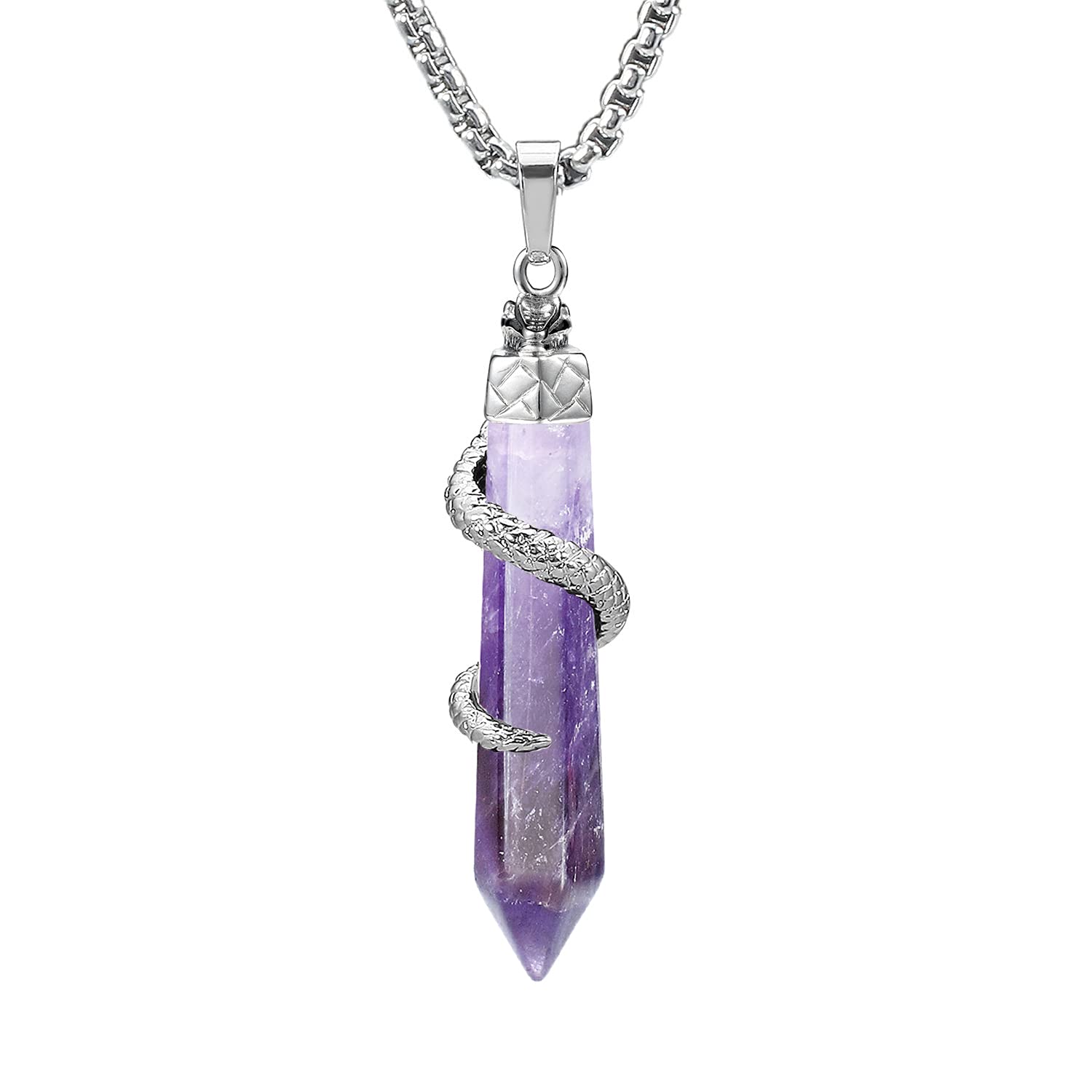 BEADNOVA Healing Crystal Necklace for Women Men Energy Healing Crystal Pendant Gemstones Jewelry Pendulum Crystal Divination (Hexagonal, 18 Inches Stainless Steel Chain)