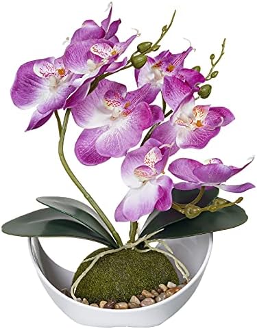 Artificial Orchid in Pot, Fake Orchid Artificial Flowers with Vase, Artificial Flowers Orchid in White Pot Decoration for Home for Table Office Home Party Decoration(Purple)